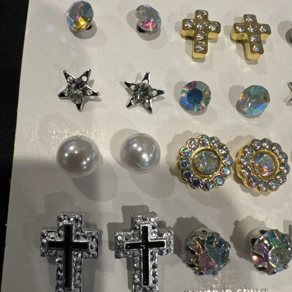 Mint 24 Pc Set Studs Faux Pearl Rhinestone Cross Bows Earrings MultiPack NEW